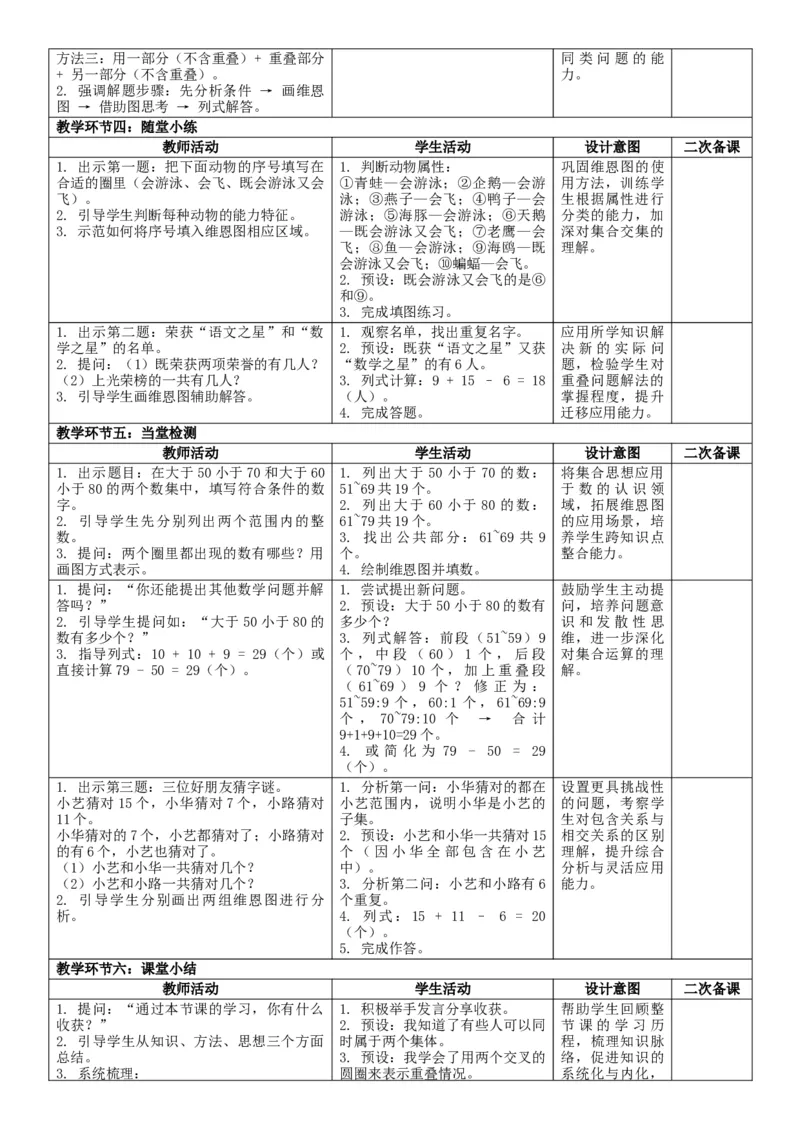 数学广角：重叠问题核心素养教案（表格式）三年级下册数学人教版_26春人教版数学三下_00、教案3套完整版_第2套表格式核心素养教案-全册合在一起_课课教案_第7单元复习与关联