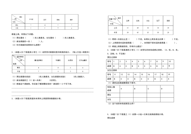 三年级数学下册第三单元复式统计表检测卷（基础卷）（含答案）人教版_26春人教版数学三下_19、赠送其它资料_新建文件夹_三年级数学下册（人教版）_专项练习