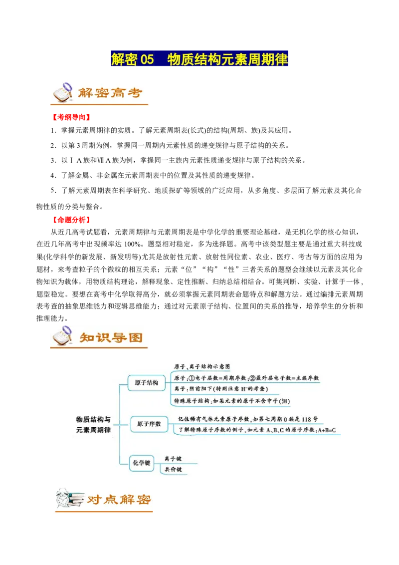 解密05物质结构元素周期律（讲义）-高频考点解密2021年高考化学二轮复习讲义+分层训练（浙江专版）_05高考化学_新高考复习资料_2021新高考资料