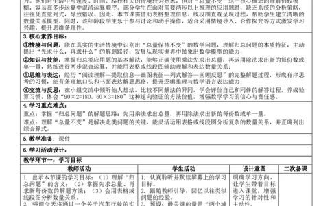 2.9归总问题核心素养教案（表格式）三年级下册数学人教版_26春人教版数学三下_00、教案3套完整版_第2套表格式核心素养教案-全册合在一起_课课教案_第2单元除数是一位数的除法