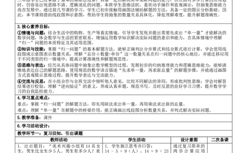 2.8归一问题核心素养教案（表格式）三年级下册数学人教版_26春人教版数学三下_00、教案3套完整版_第2套表格式核心素养教案-全册合在一起_课课教案_第2单元除数是一位数的除法