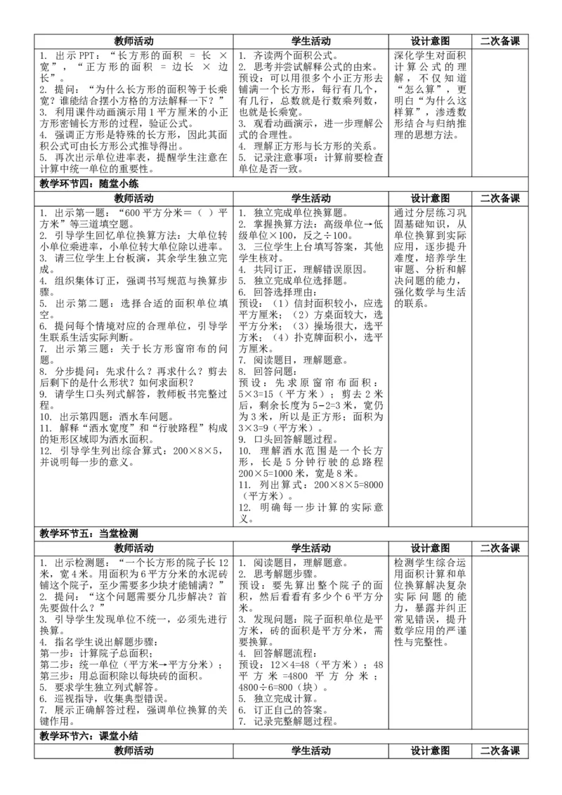 4.5整理和复习核心素养教案（表格式）三年级下册数学人教版_26春人教版数学三下_00、教案3套完整版_第2套表格式核心素养教案-全册合在一起_课课教案_第4单元图形的面积