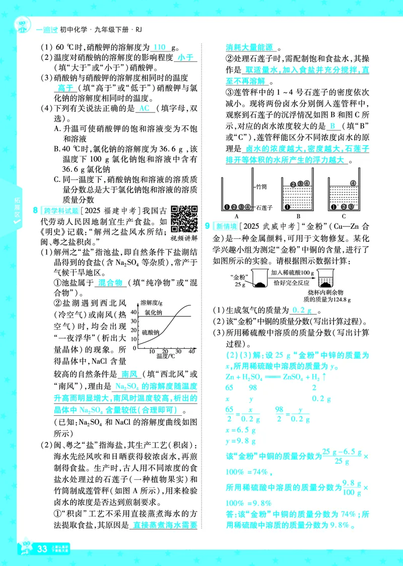 2026《初中化学&bull;一遍过》9年级下册(人教)答案_2026春《初中一遍过》系列_2026《天星教育&bull;一遍过》（9年级下册）（化学）（RJ）