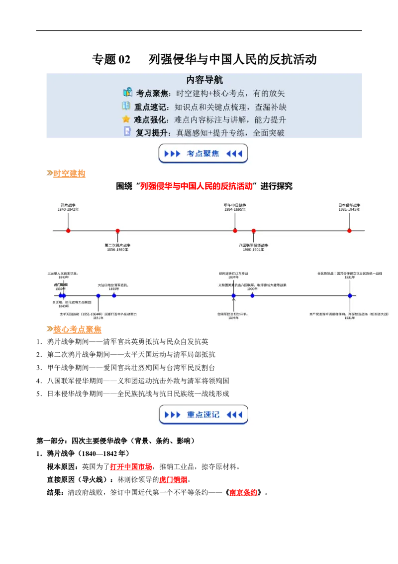 温故知新专题02列强侵华与中国人民的反抗活动（寒假复习讲义）（原卷版）_新八下历史_03、寒假复习讲义原卷版+解析版word版_01-八年级历史寒假复习