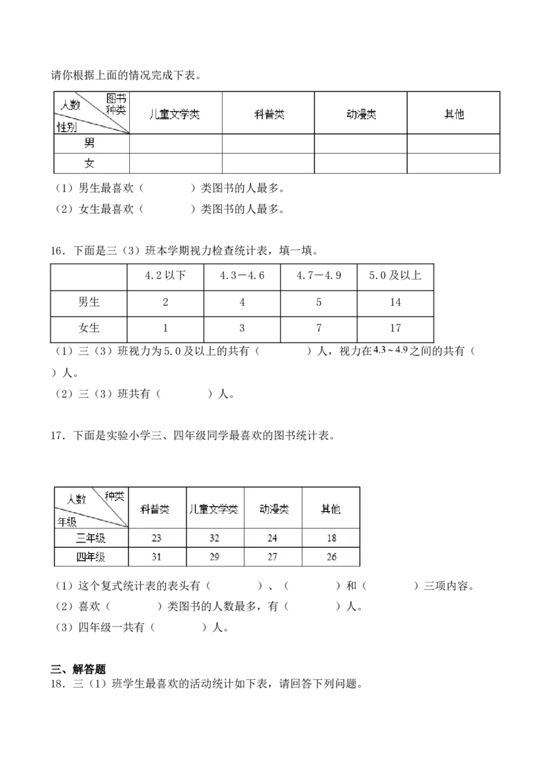 专项训练10：复式统计表（培优专练）（学生版）-（人教版）_26春人教版数学三下_00、更新资料3月18日_单元复习专项-K48_2025版