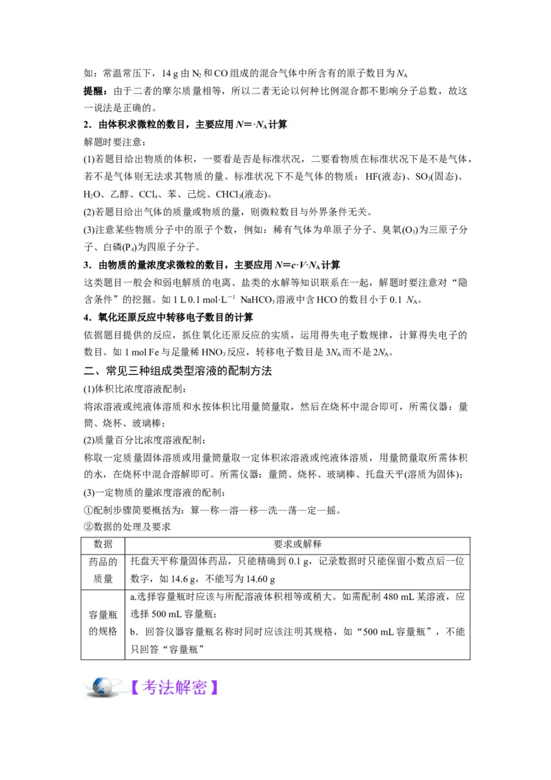 解密02化学常用计量（讲义）-高频考点解密2022年高考化学二轮复习讲义+分层训练（全国通用）（原卷版）_05高考化学_通用版（老高考）复习资料_2023年复习资料_二轮复习