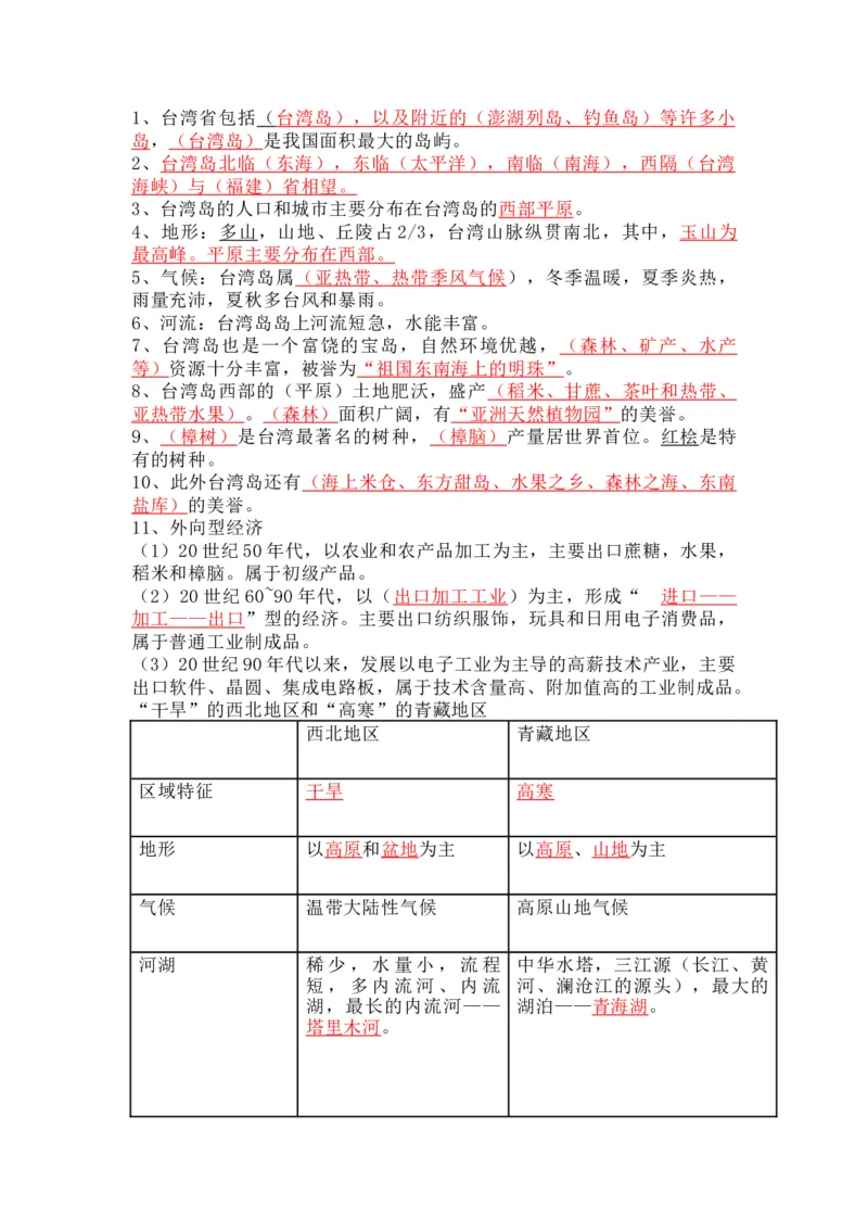 人教版初中地理八年级下册知识点总结_24秋《初中各科知识点梳理》_初中地理《知识梳理》7-8年级上下册_人教版初中地理7-8年级上下册知识梳理