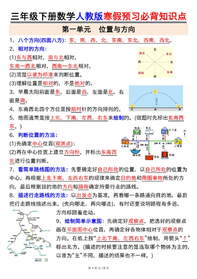 2026春13页完整版三年级人教版数学寒假预习-必背知识点_26春人教版数学三下_06、小纸条合集