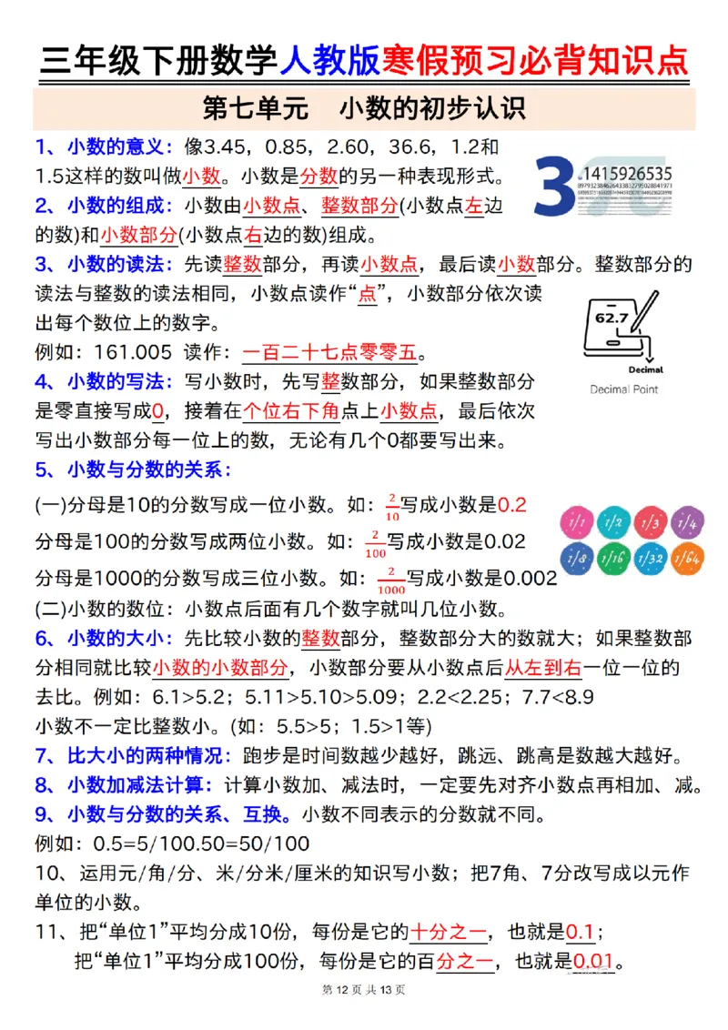 2026春13页完整版三年级人教版数学寒假预习-必背知识点_26春人教版数学三下_06、小纸条合集