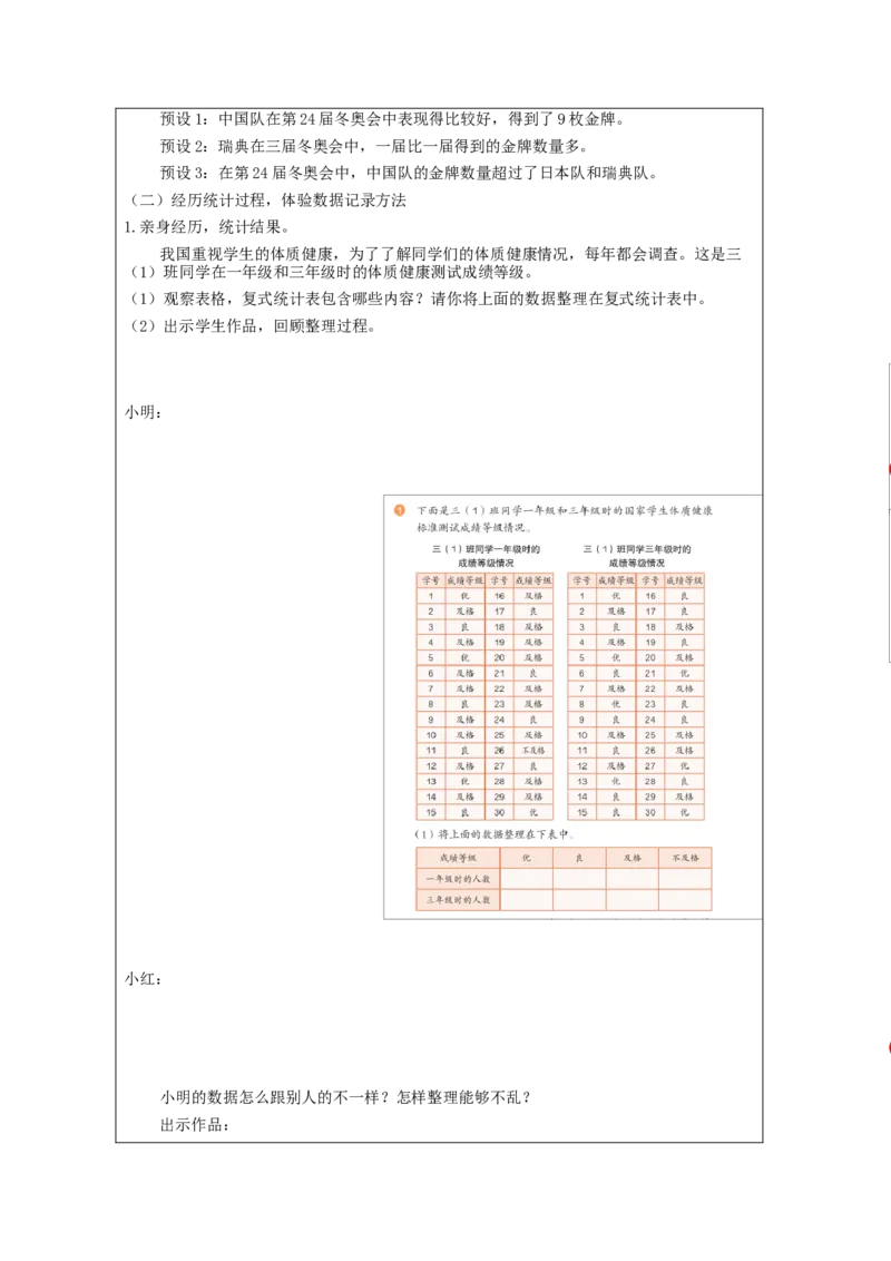 3.2复式统计表练习教学设计_26春人教版数学三下_00、更新资料3月18日_教学设计(3)_3年级下册（教案）新插图_第3单元复式统计表