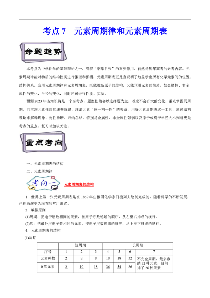 考点7元素周期律和元素周期表（解析版）_05高考化学_通用版（老高考）复习资料_2023年复习资料_一轮复习_备战2023年高考化学一轮复习考点帮（全国通用）