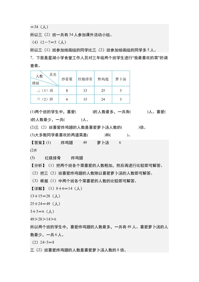第三单元专项练习：单式统计表与复式统计表综合应用-（教师版）人教版_26春人教版数学三下_00、更新资料3月18日_解决问题专项练习-T7(1)_2025版