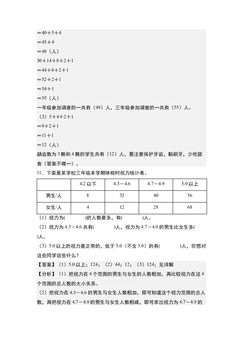 第三单元专项练习：单式统计表与复式统计表综合应用-（教师版）人教版_26春人教版数学三下_00、更新资料3月18日_解决问题专项练习-T7(1)_2025版