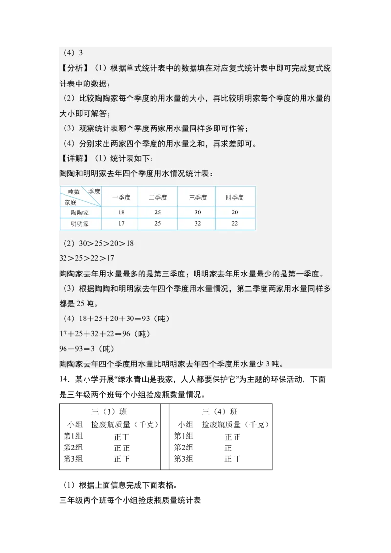 第三单元专项练习：单式统计表与复式统计表综合应用-（教师版）人教版_26春人教版数学三下_00、更新资料3月18日_解决问题专项练习-T7(1)_2025版