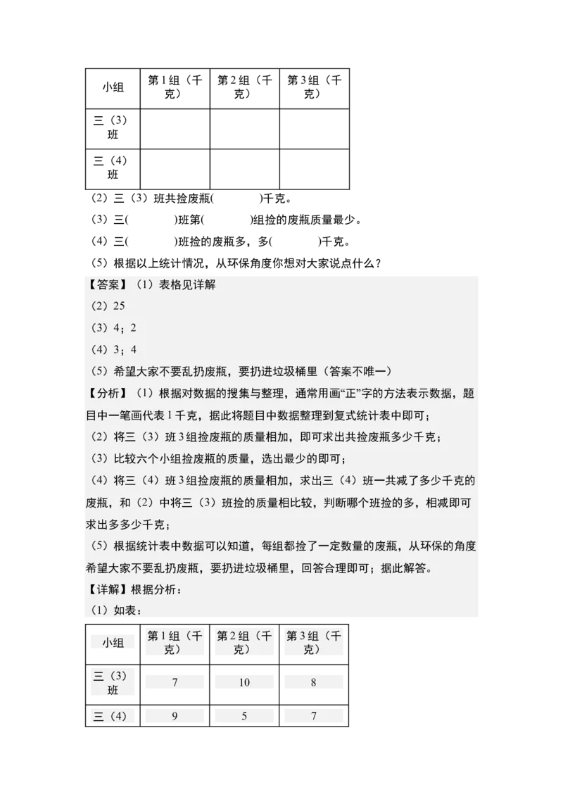 第三单元专项练习：单式统计表与复式统计表综合应用-（教师版）人教版_26春人教版数学三下_00、更新资料3月18日_解决问题专项练习-T7(1)_2025版