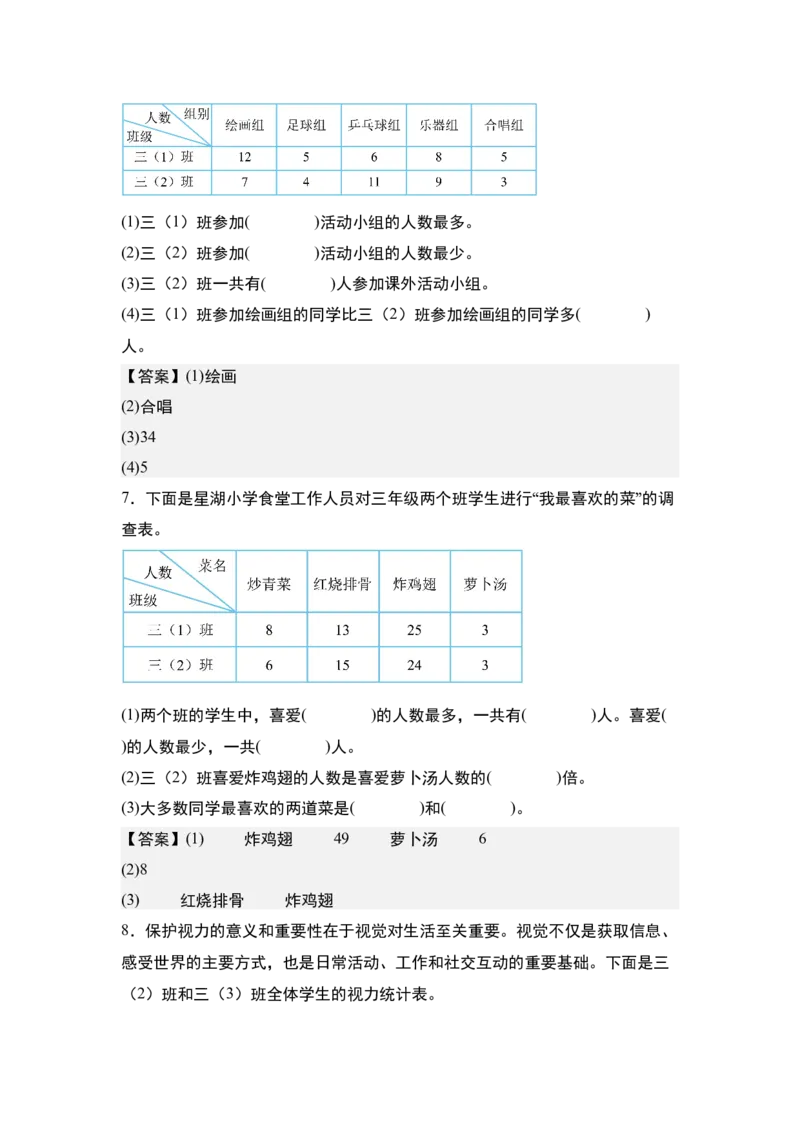 第三单元专项练习：单式统计表与复式统计表综合应用-（答案版）人教版_26春人教版数学三下_00、更新资料3月18日_解决问题专项练习-T7(1)_2025版