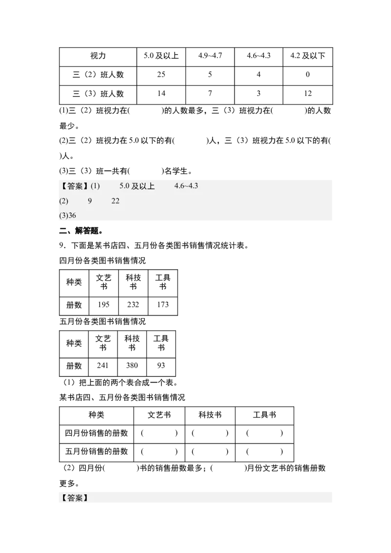 第三单元专项练习：单式统计表与复式统计表综合应用-（答案版）人教版_26春人教版数学三下_00、更新资料3月18日_解决问题专项练习-T7(1)_2025版