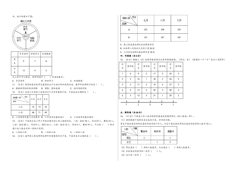 第三单元复式统计表（提升卷）-（A3版）（人教版）_26春人教版数学三下_19、赠送其它资料_新建文件夹_三年级数学下册（人教版）_知识解读+题型专练-T2
