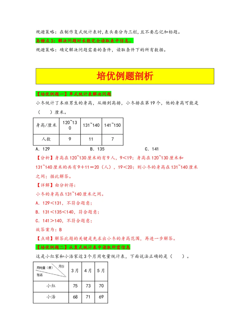 第三单元复式统计表（三大易错四大考向）-（教师版）（人教版）_26春人教版数学三下_19、赠送其它资料_新建文件夹_三年级数学下册（人教版）_知识解读+题型专练-T2