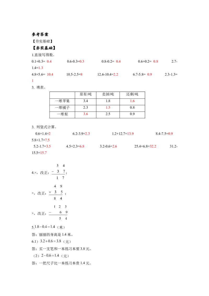 第七单元第2课时简单的小数加、减法（分层作业）-三年级数学下册人教版_26春人教版数学三下_00、更新资料3月18日_同步练习(2)