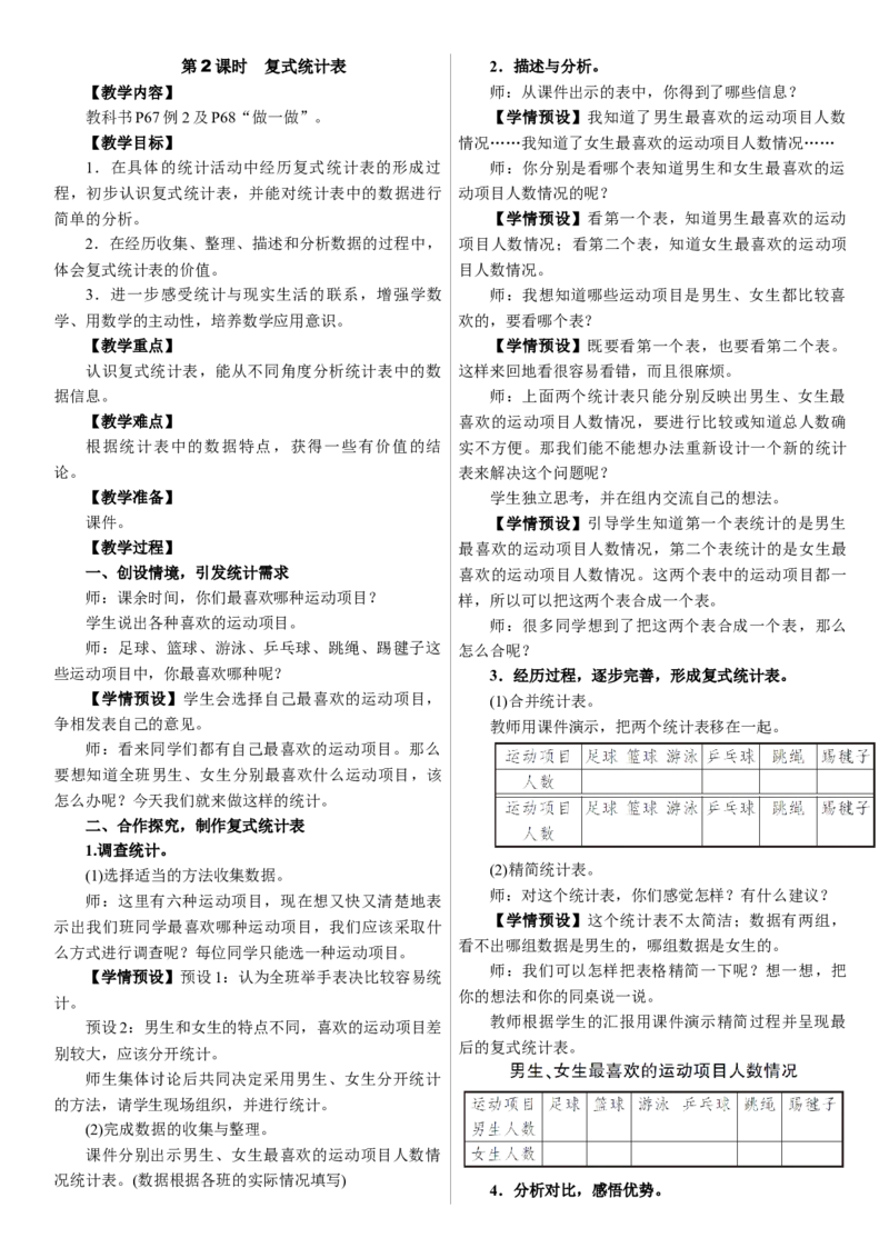 第2课时　复式统计表_26春人教版数学三下_00、上课课件PPT+教案第三套完整版_01.人教数学3下第1套课件+教案26春已更完用这个没有水印_教案_五　数据的收集与整理