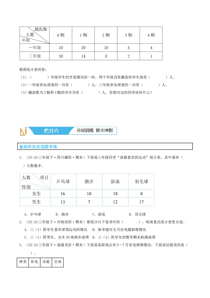 第三讲复式统计表（单元讲义）-（人教版）学生版_26春人教版数学三下_19、赠送其它资料_新建文件夹_三年级数学下册（人教版）_母题专项练习-K35_2025版