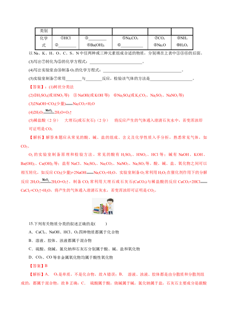 1.1.1物质的分类（分层作业）-（人教版2019必修第一册）（解析版）_高化_595801221724高中化学新人教版选择性必修一二三电子版教案PPT课件高中试卷_必修一册（人教版）_分层作业