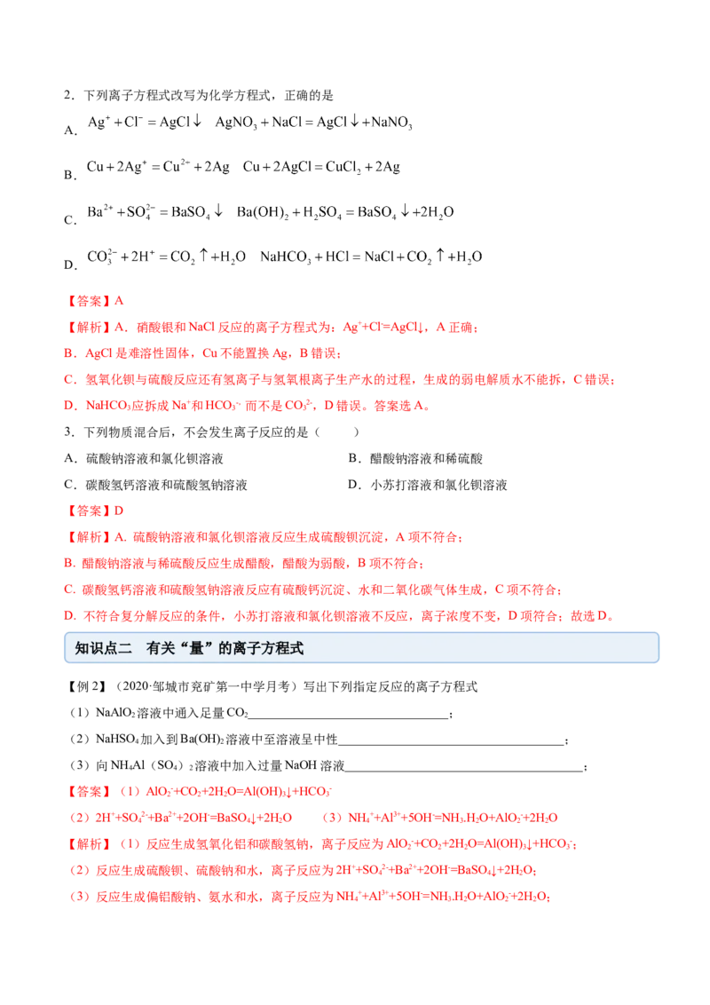 1.2.2离子反应（精讲）-（人教版）解析版_高化_595801221724高中化学新人教版选择性必修一二三电子版教案PPT课件高中试卷_必修一册（人教版）_专项练习