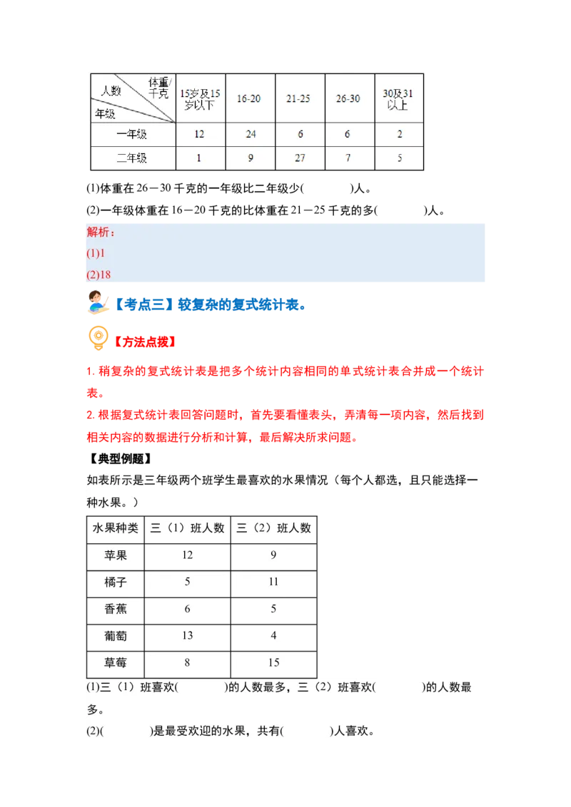第三单元复式统计表（四大考点）-（教师版）人教版_26春人教版数学三下_00、更新资料3月18日_解决问题专项练习-T7(1)_2024版