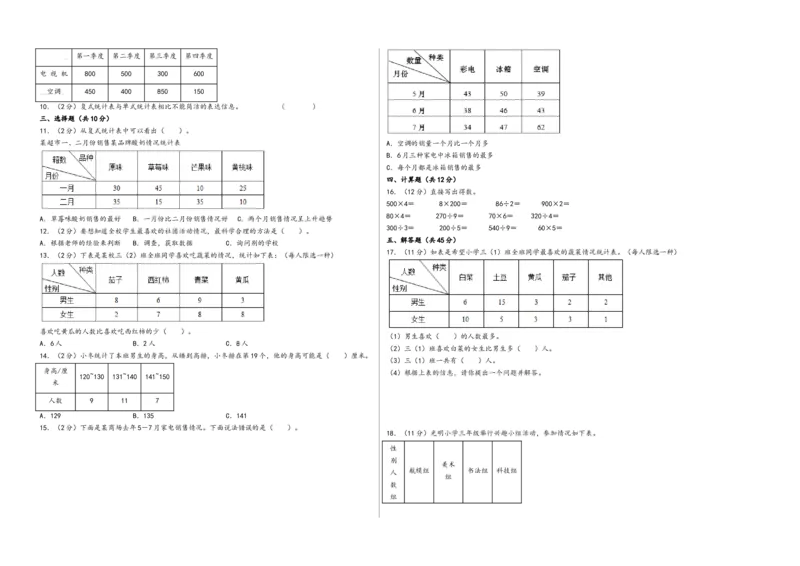 第三单元复式统计表（培优卷）-（A3版）（人教版）_26春人教版数学三下_19、赠送其它资料_新建文件夹_三年级数学下册（人教版）_知识解读+题型专练-T2
