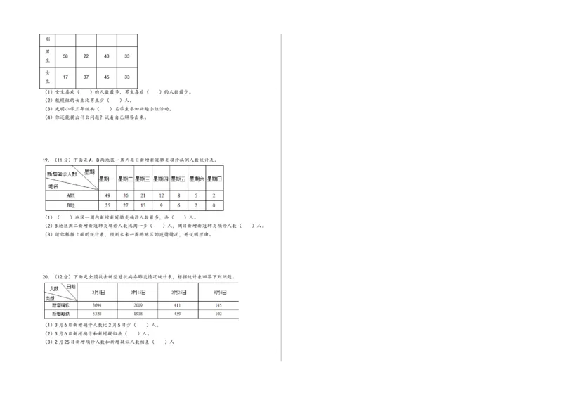 第三单元复式统计表（培优卷）-（A3版）（人教版）_26春人教版数学三下_19、赠送其它资料_新建文件夹_三年级数学下册（人教版）_知识解读+题型专练-T2