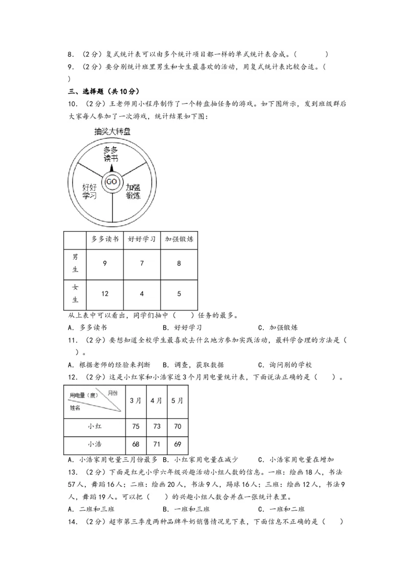 第三单元复式统计表（提升卷）-（A4版）（人教版）_26春人教版数学三下_19、赠送其它资料_新建文件夹_三年级数学下册（人教版）_知识解读+题型专练-T2