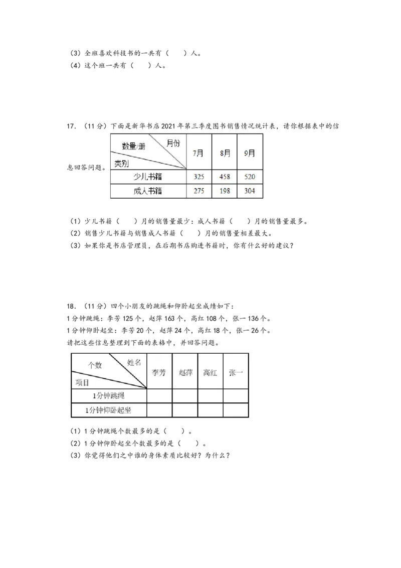 第三单元复式统计表（提升卷）-（A4版）（人教版）_26春人教版数学三下_19、赠送其它资料_新建文件夹_三年级数学下册（人教版）_知识解读+题型专练-T2
