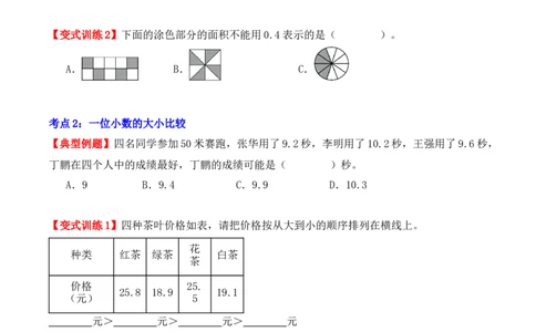 第七单元：小数的初步认识（单元复习讲义）（4大考点典例讲解+知识总结+易错点拨+变式训练+课后同步练习）（学生版）-（人教版）_26春人教版数学三下_00、更新资料3月18日_2025版