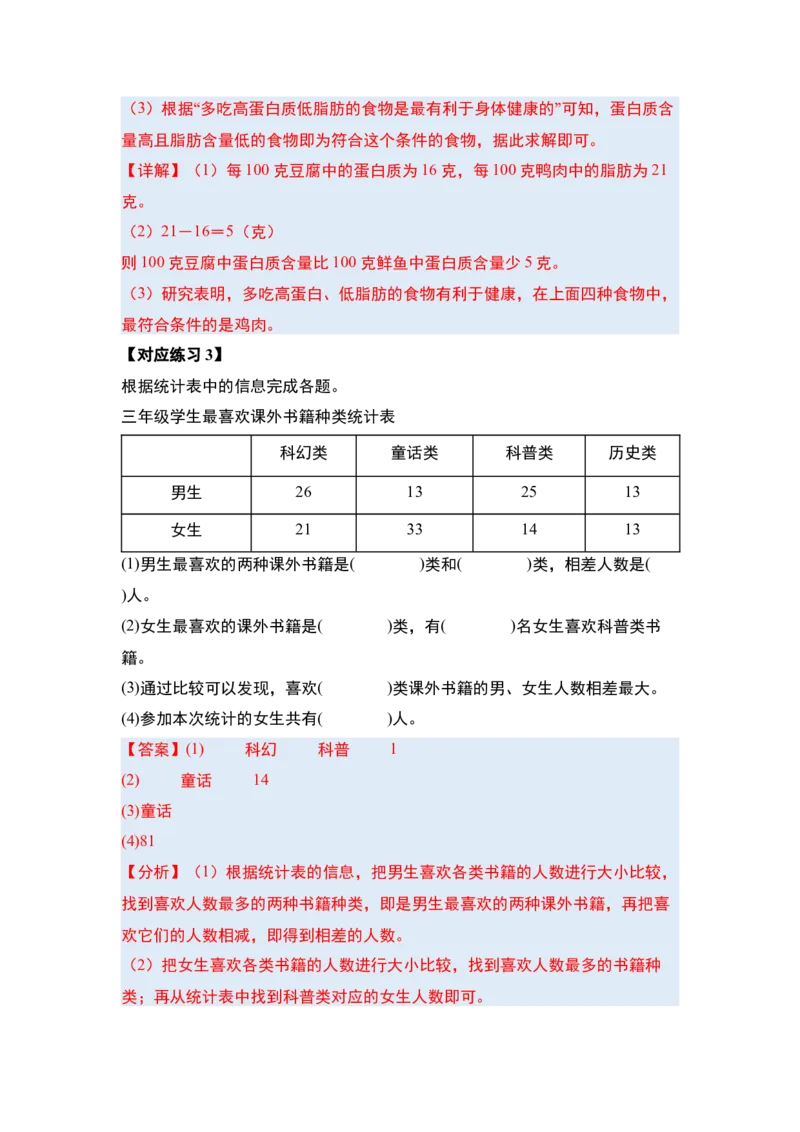 第三单元复式统计表（四大考点）-（教师版）人教版_26春人教版数学三下_00、更新资料3月18日_解决问题专项练习-T7(1)_2025版