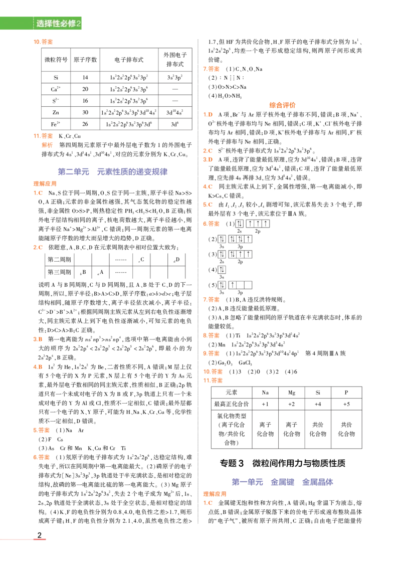 选择性必修2苏教化学教材习题答案_高中全套电子教材及答案。_02高中教材参考答案_高中化学_苏教版