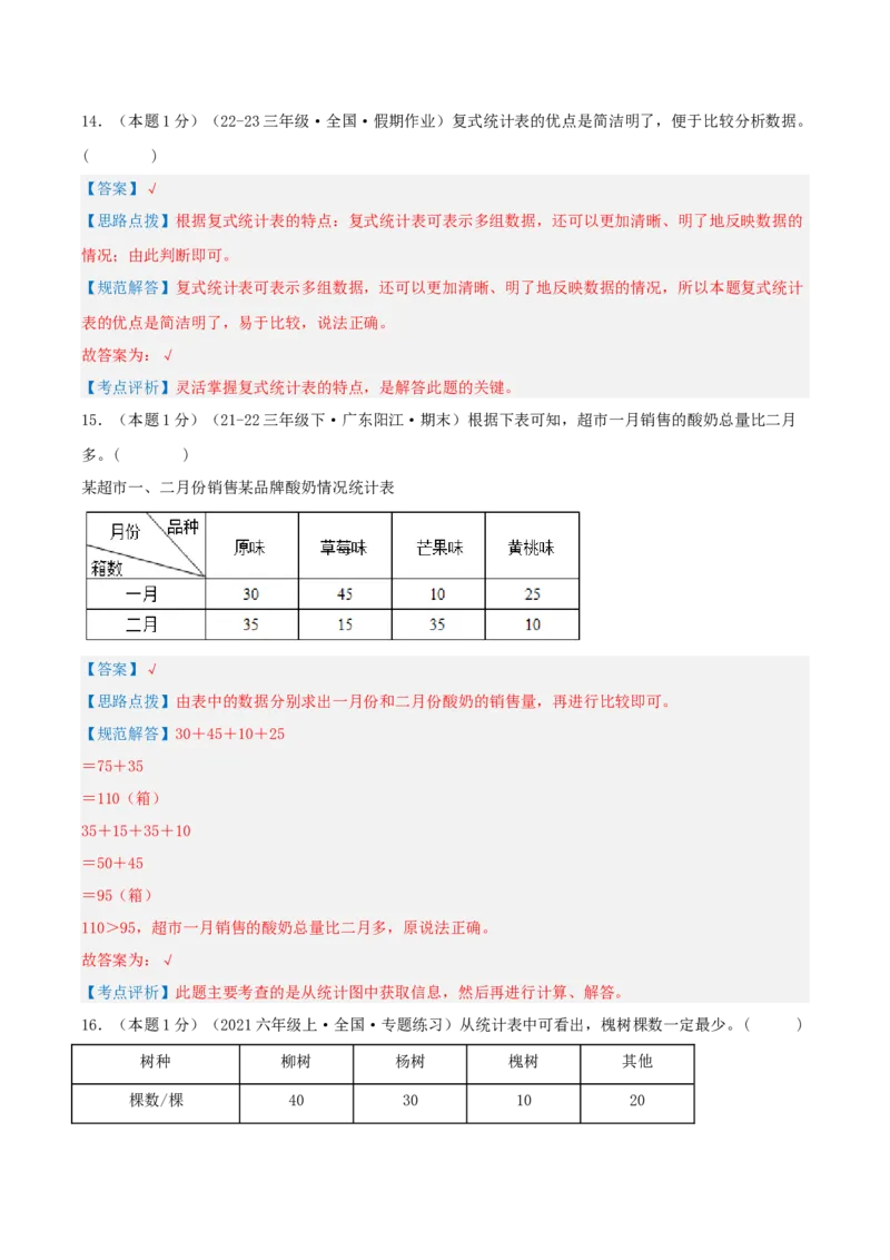 第三单元复式统计表-（教师版）_26春人教版数学三下_19、赠送其它资料_新建文件夹_三年级数学下册（人教版）_母题专项练习-K35_2025版