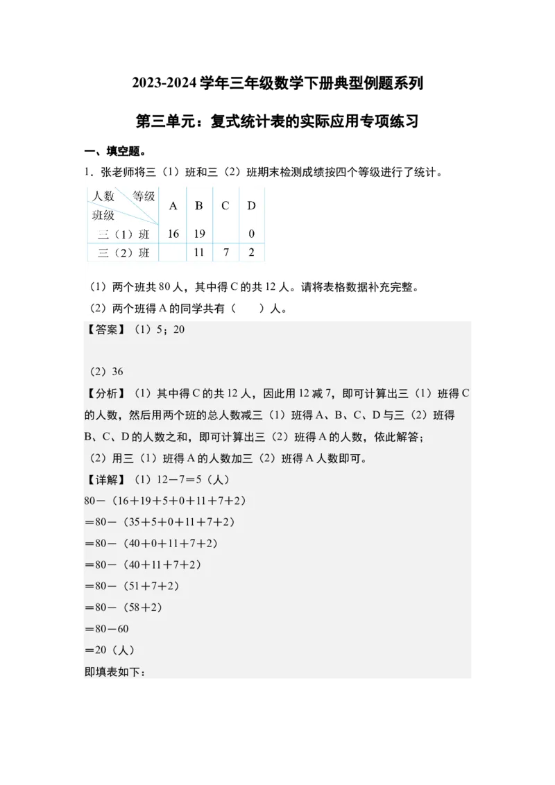 第三单元：复式统计表的实际应用专项练习-（教师版）人教版_26春人教版数学三下_00、更新资料3月18日_解决问题专项练习-T7(1)_2024版