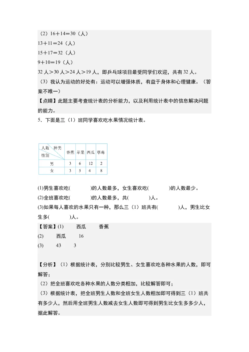第三单元：复式统计表的实际应用专项练习-（教师版）人教版_26春人教版数学三下_00、更新资料3月18日_解决问题专项练习-T7(1)_2024版