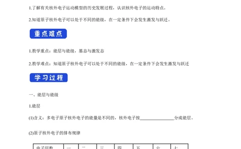 1.1.1　能层与能级基态与激发态-学案-2020-2021学年下学期高二化学同步精品课堂(新教材人教版选择性必修2)（原卷版）_高化_2025春-人教版高中化学_04新版高中化学选择性必修2_学案