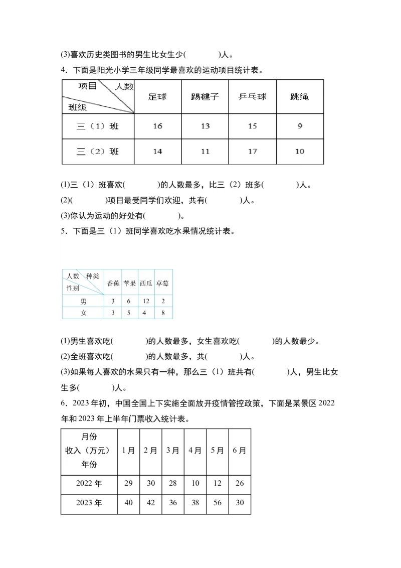 第三单元：复式统计表的实际应用专项练习-（学生版）人教版_26春人教版数学三下_00、更新资料3月18日_解决问题专项练习-T7(1)_2024版