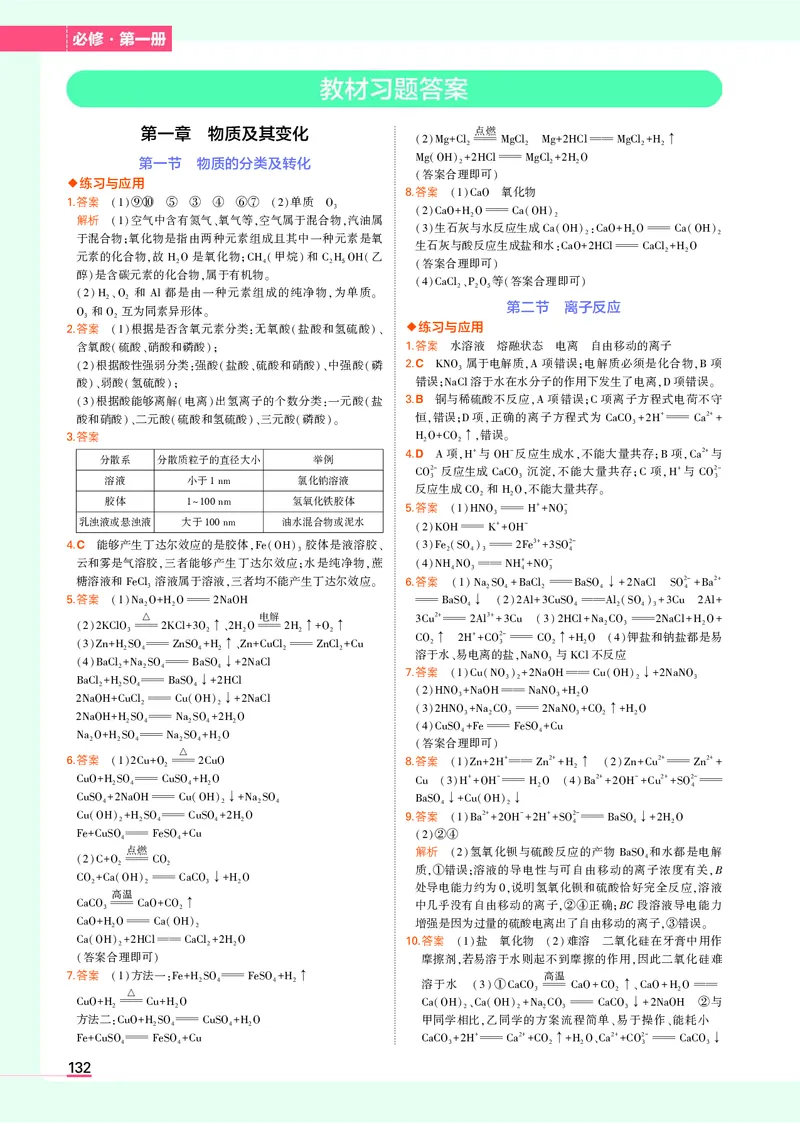 高中化学必修第1册教材习题答案_高中全套电子教材及答案。_02高中教材参考答案_高中化学_人教版