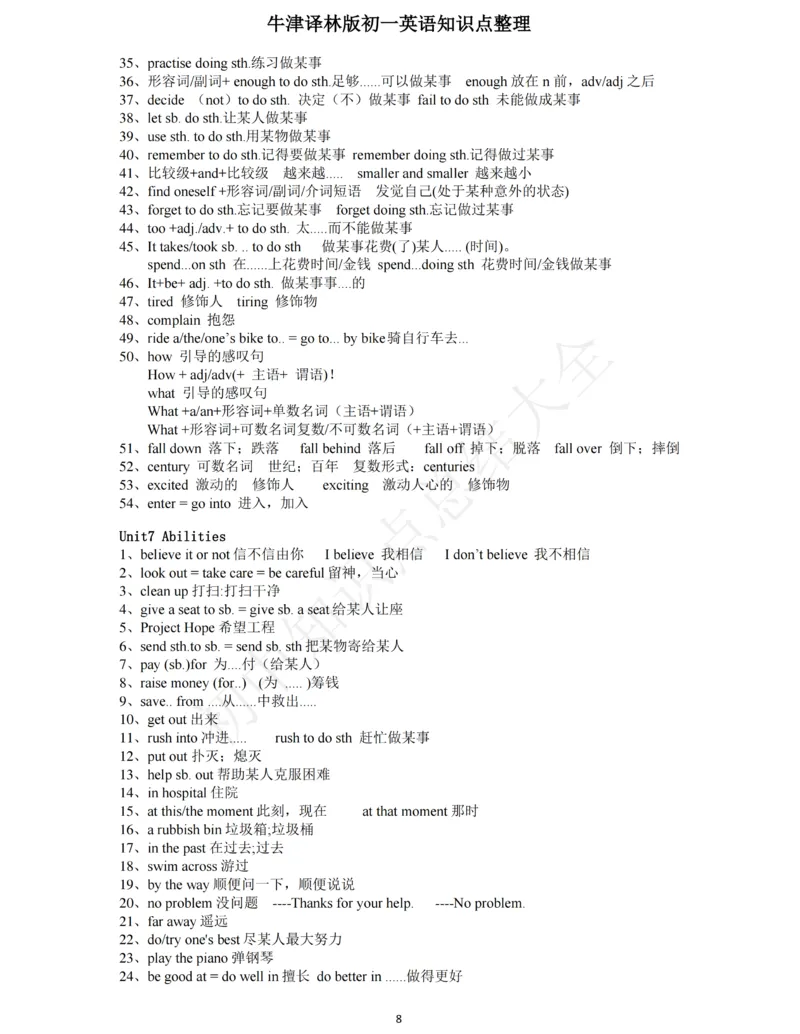 牛津译林版七年级下英语知识点总结_24秋《初中各科知识点梳理》_初中英语《知识梳理》7-9年级上下册_知识梳理_译林版初中英语7-9年级上下册知识梳理