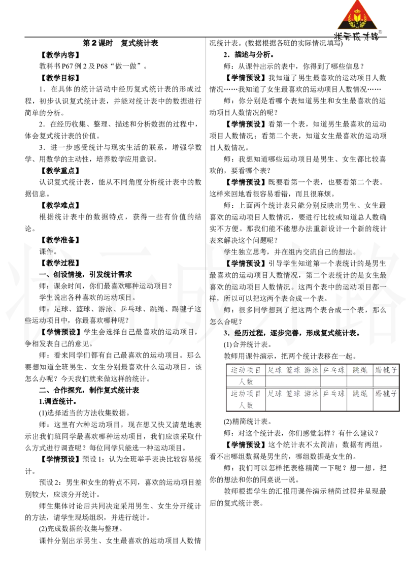 第2课时　复式统计表_26春人教版数学三下_00、上课课件PPT+教案第三套完整版_2.R3数下教案_五　数据的收集与整理