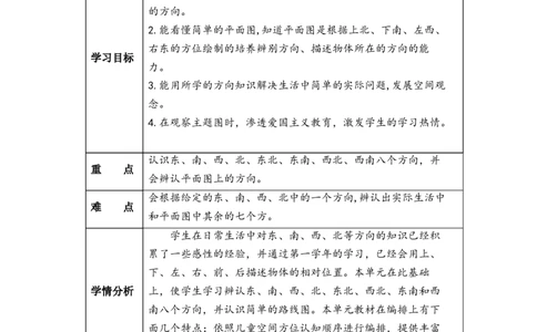 第一单元第1课时东、南、西、北（教学设计）-三年级数学下册人教版_26春人教版数学三下_00、更新资料3月18日_教学设计(3)_教学设计-与最新课件匹配