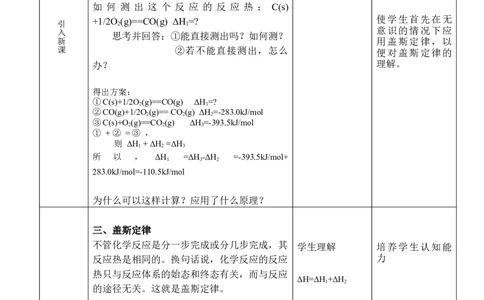 1.2反应热的计算-2021-2022学年高二化学同步备课教案设计（人教版2019选择性必修1）_高化_2025春-人教版高中化学_03新版高中化学选择性必修1_02教案_教案（表格式）