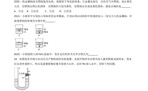 2.1.1活泼的金属单质&mdash;&mdash;钠（习题）-名课堂精选2022-2023学年高一化学同步精品备课系列（人教版2019必修第一册）（原卷板）_高化_2025春-人教版高中化学_01新版高中化学必修一_习题