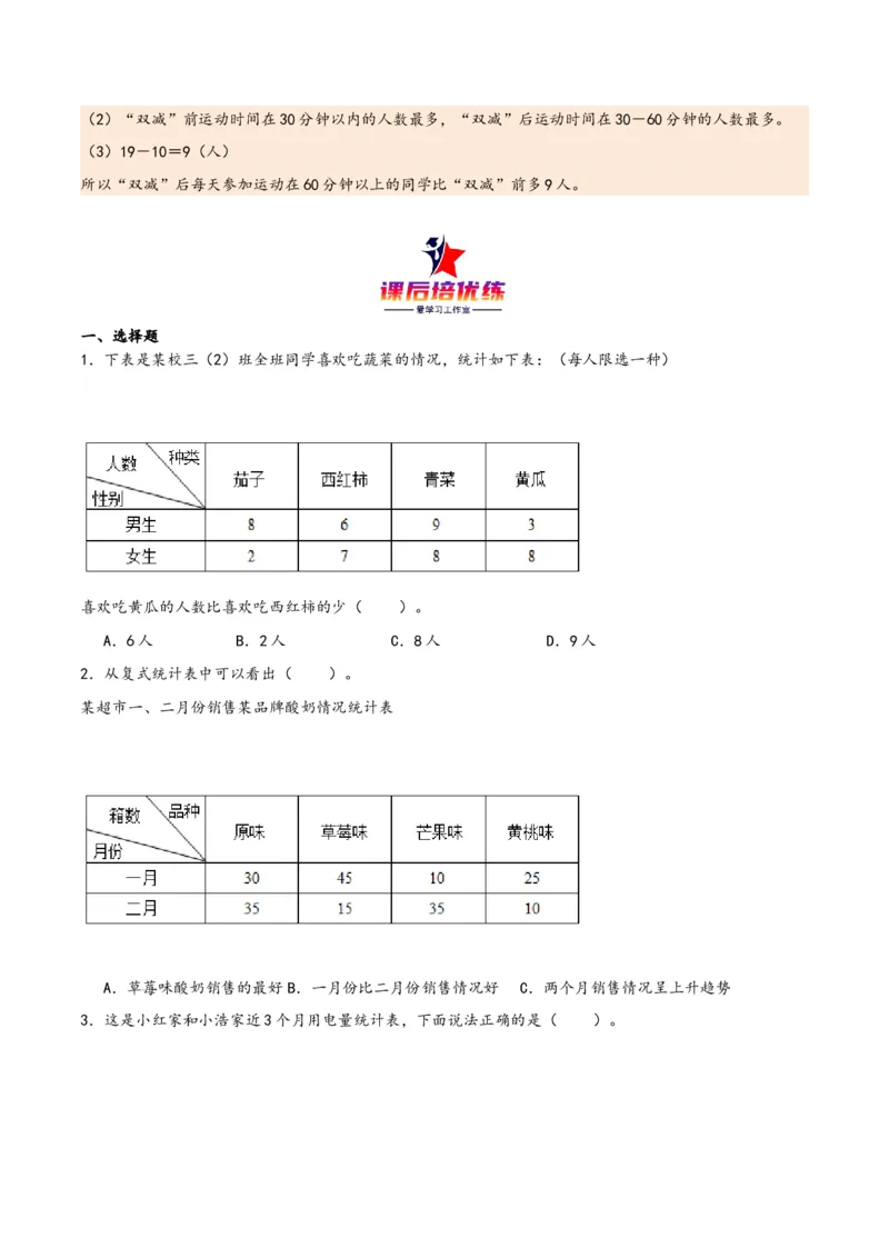 第三单元复式统计表（同步讲练）人教版）_26春人教版数学三下_19、赠送其它资料_新建文件夹_三年级数学下册（人教版）_母题专项练习-K35_2024版