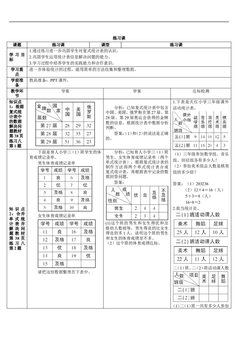 练习课_26春人教版数学三下_00、更新资料3月18日_教学设计(3)_教案_教案2+导学案人教三下数学_导学案_3复式统计表