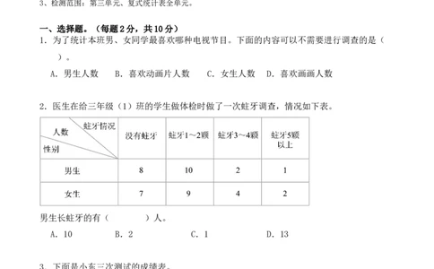 第三单元、复式统计表单元测试卷（学生版）-（人教版）_26春人教版数学三下_00、更新资料3月18日_单元复习专项-K48_2025版
